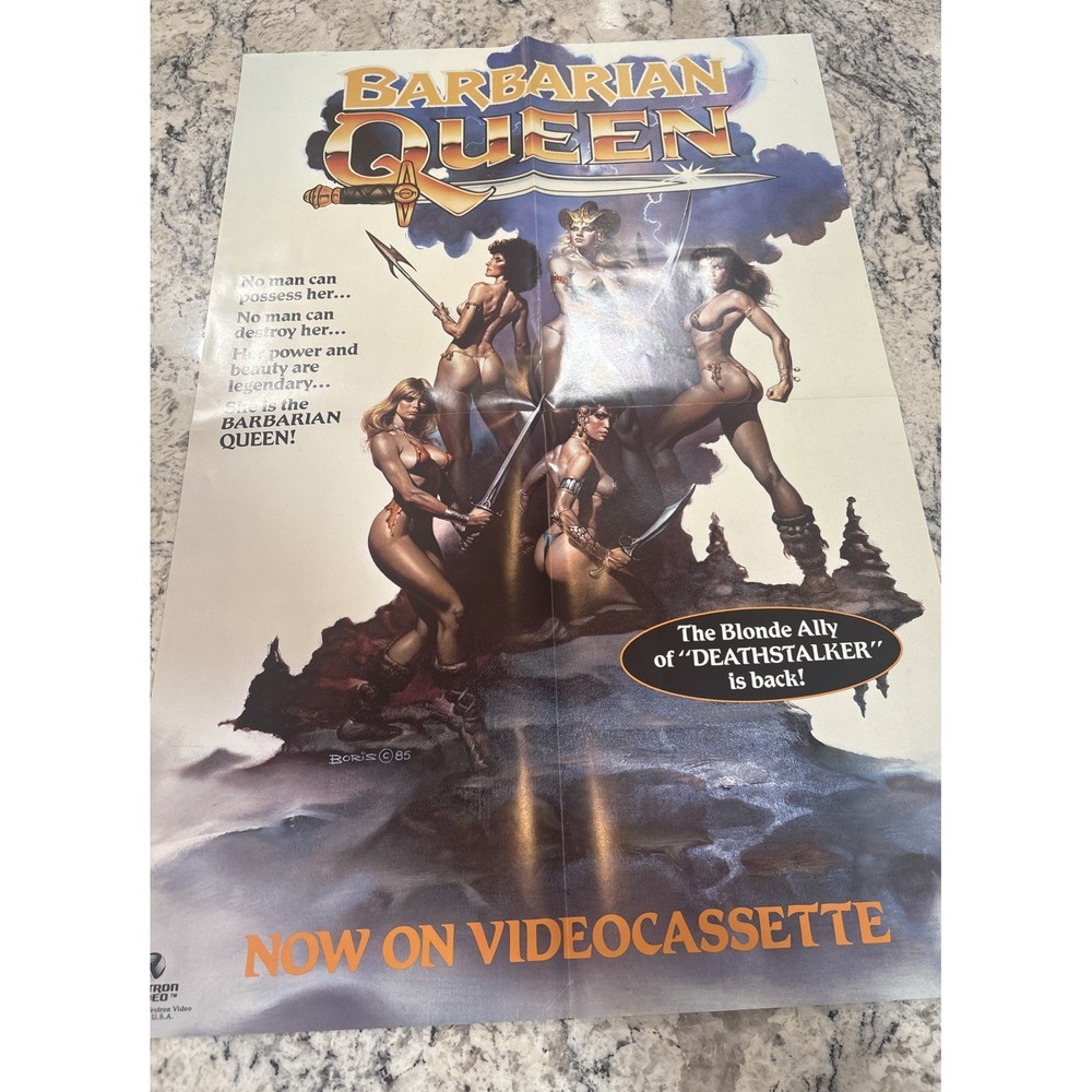 Vintage BARBARIAN QUEENS 1985 Folded Video Release Movie Poster Blonde Ally Sexy